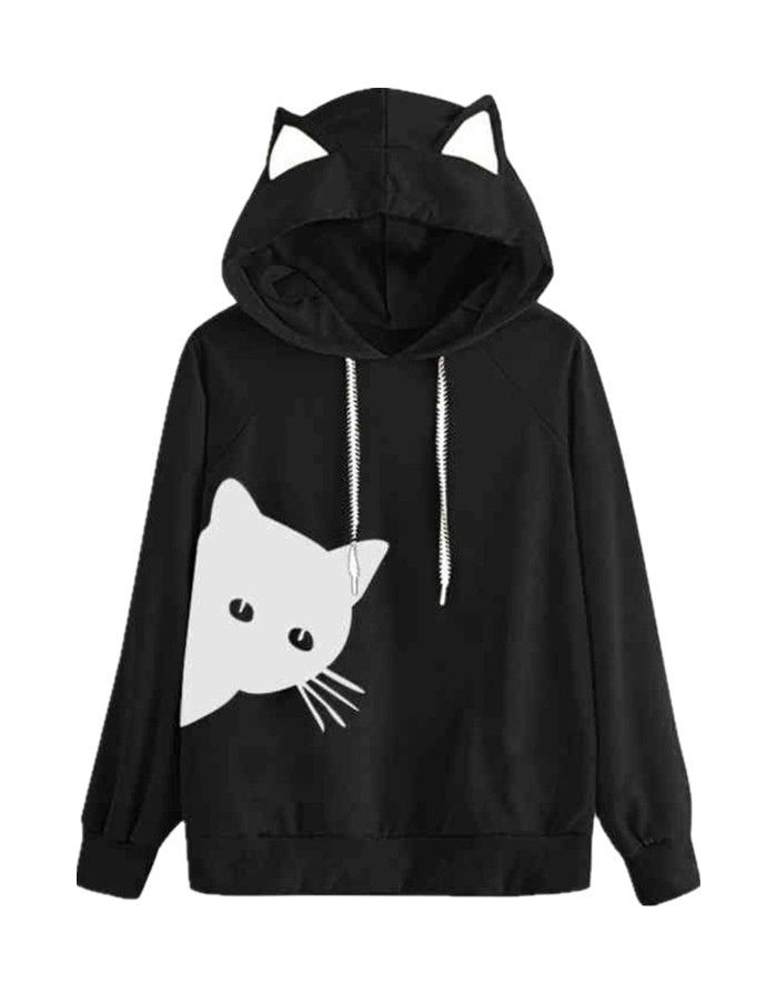 Cute Cat Printed Sweatshirt Cat Ear Hoodie Casual Autumn Winter Tops For Women